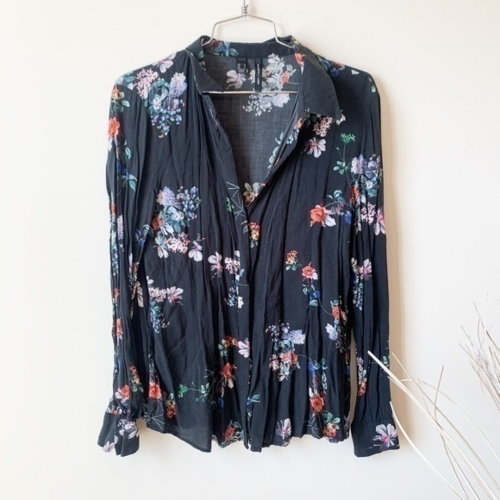 Mango Black Floral Button Down Shirt sz S